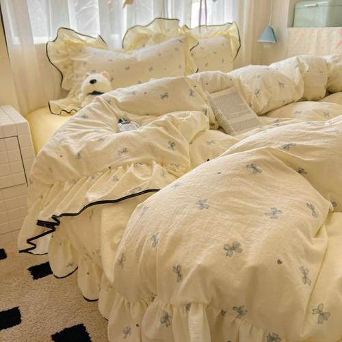 奶油花边少女粉格草莓熊床上四件套水洗棉双层纱被套宿舍三件套