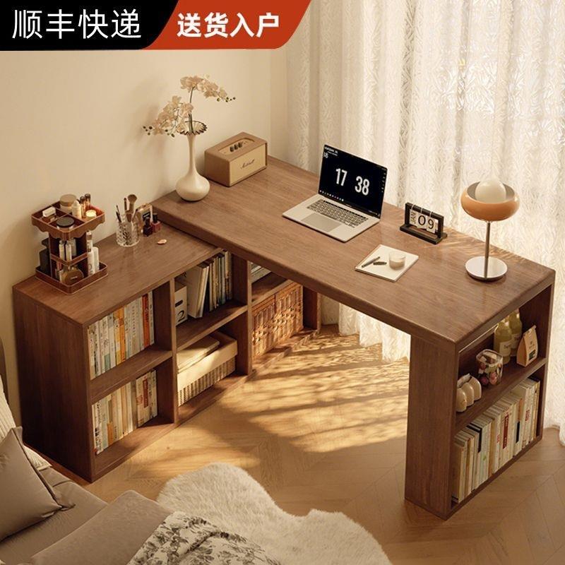 实木转角书桌书柜一体桌子卧室家用学生梳妆台L型拐角电脑桌办公