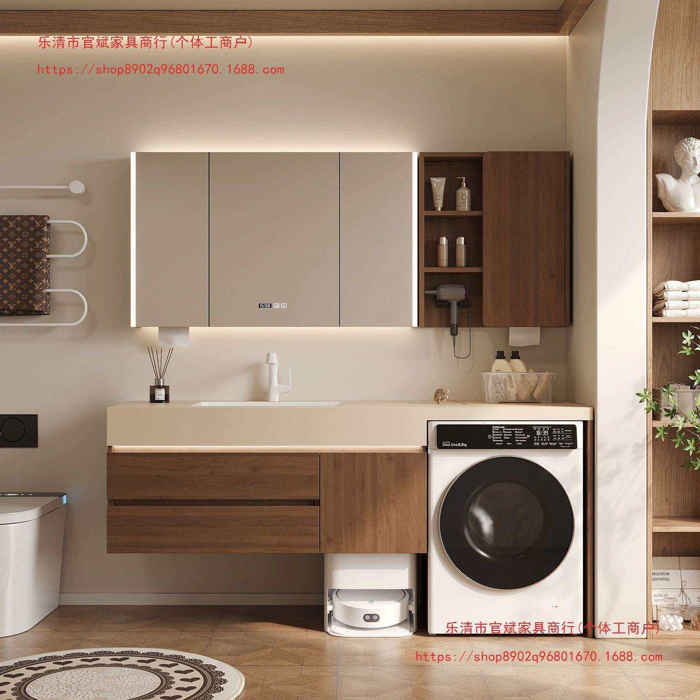 中古风实木洗衣机一体柜浴室柜轻奢岩板无缝陶瓷一体盆洗漱台