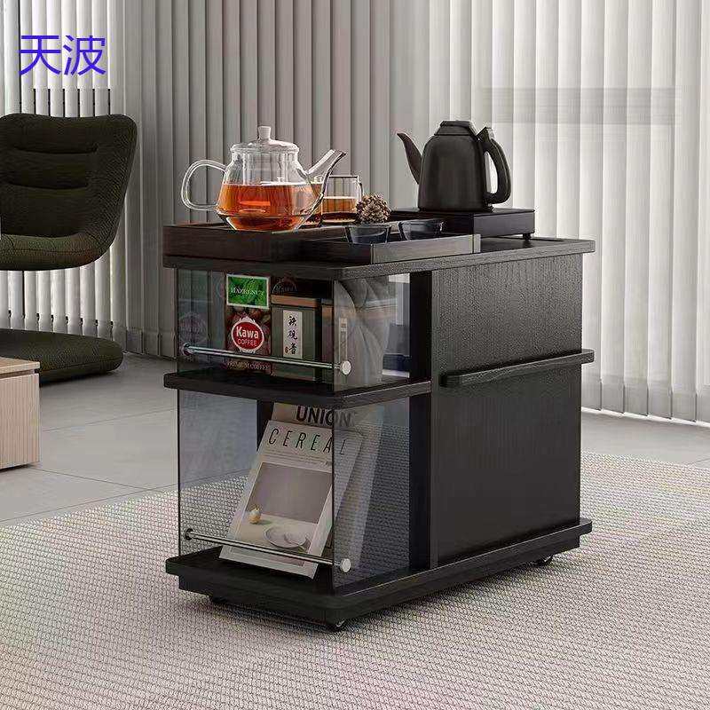 bts简约可移动茶水柜边几沙发侧边几小推车实木橡木木纹皮小茶几