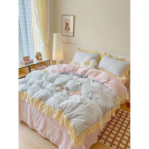 花边韩版荷叶水洗棉床上四件套少女公主学生宿舍床单被套三件套厂