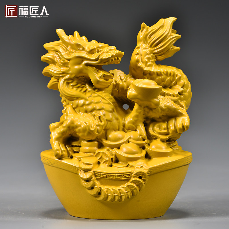 黄色实木龙摆件木质十二生肖青色木头龙形吉祥物装饰木制工艺品