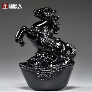 黑色马摆件实木雕刻十二生肖黑马客厅电视柜办公室补角装饰工艺品