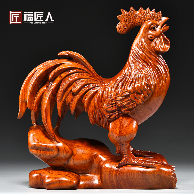 花梨木雕鸡摆件三合十二生肖木头鸡家居补角吉祥物装饰红木工艺品
