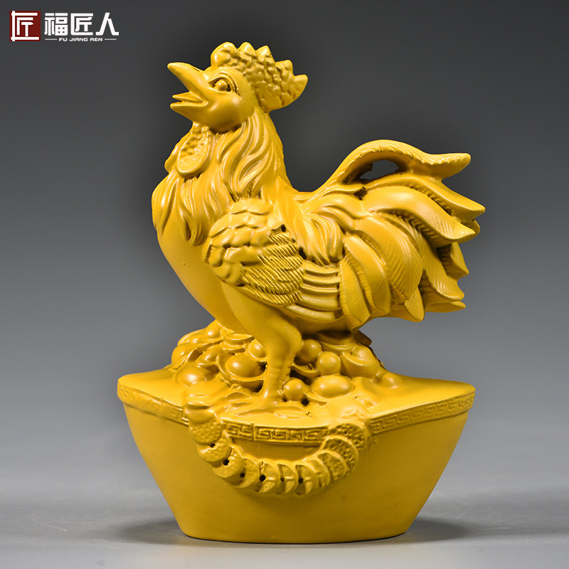 黄色实木雕刻鸡摆件木质十二生肖木头大公鸡吉祥物装饰木制工艺品