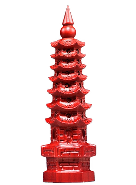 红色桃木质雕刻7层文昌塔摆件