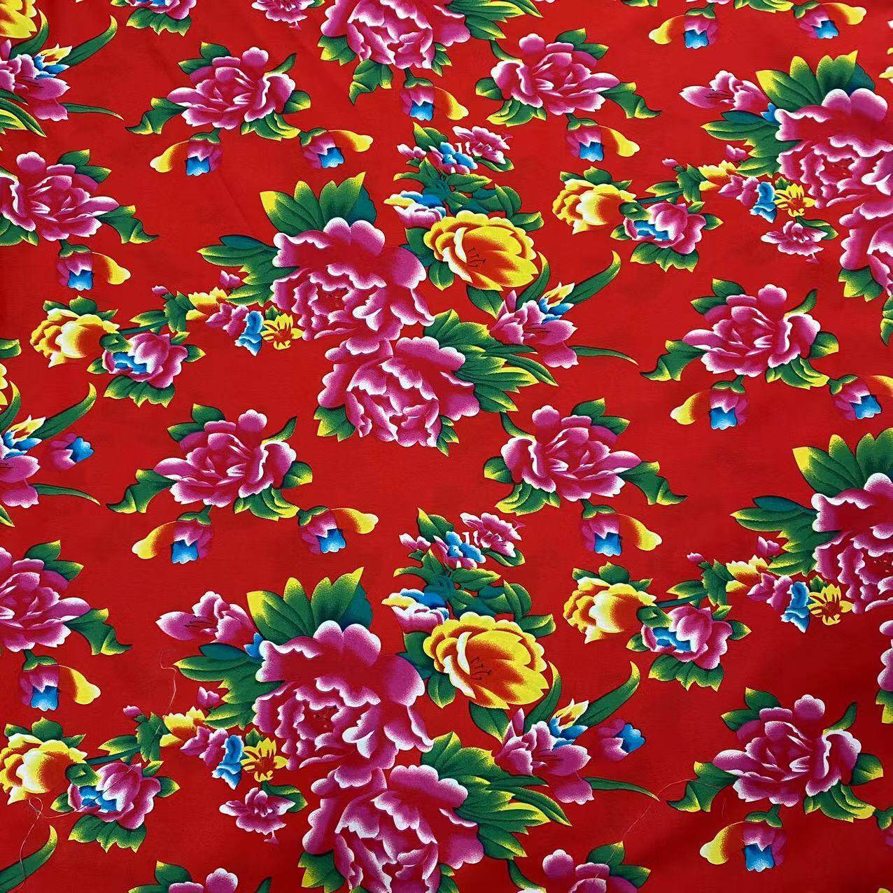 东北大花布面料 大花加厚桃皮绒印花面料 棉服羽绒服面料爆款