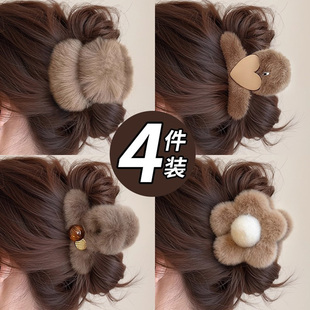 秋冬中号毛绒抓夹女2025新款高级感后脑勺盘发鲨鱼夹半扎发夹头饰