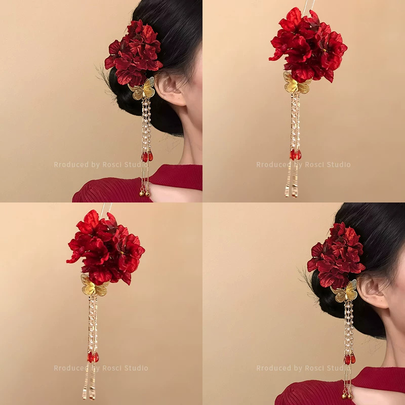 新中式红色花朵流苏发夹图片