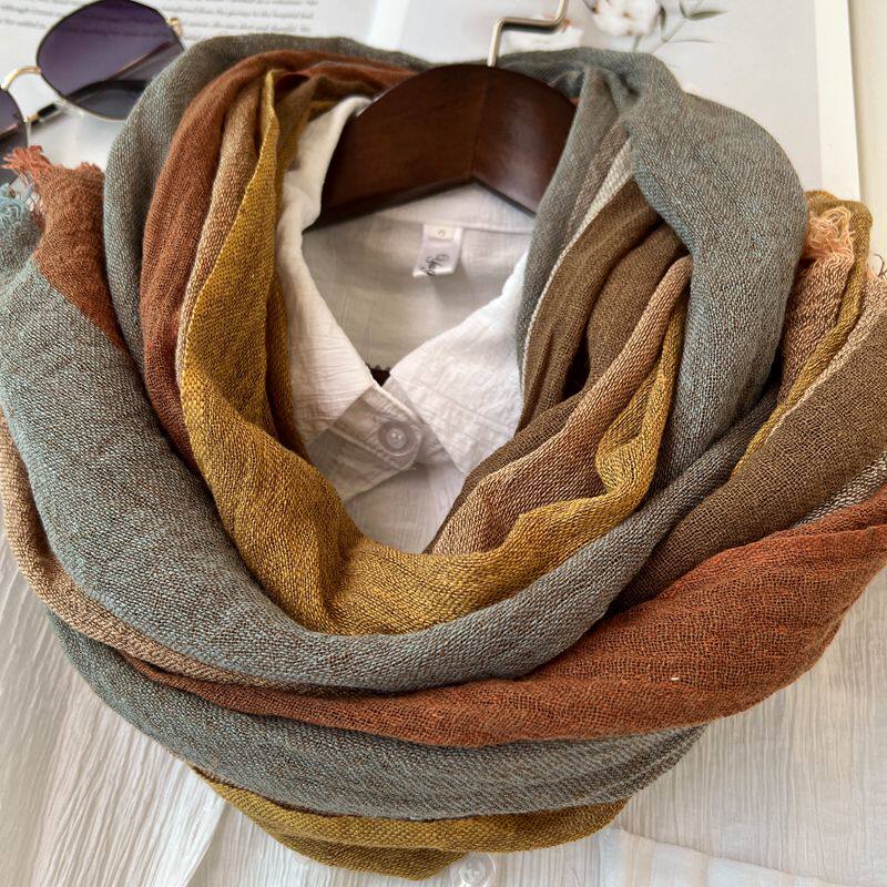 2023秋冬季新款棉麻围巾女薄款百搭时尚条纹长款亚麻丝巾咖色围脖