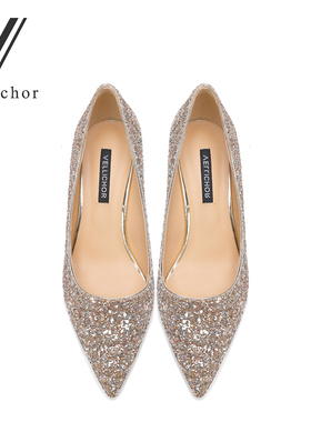 2024新款婚鞋女秀禾结婚伴娘鞋亮片香槟金尖头中跟单鞋细跟高跟鞋