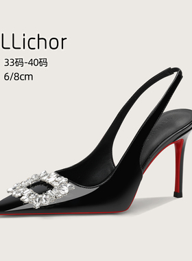 2025新款法式尖头红底细跟黑色漆皮高跟鞋水钻方扣包头后带凉鞋女