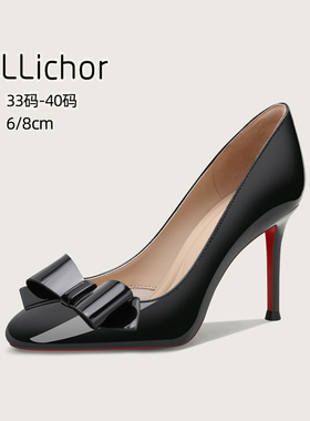 2025年新款蝴蝶结性感风圆头黑色漆皮高跟鞋细跟气质通勤职业单鞋