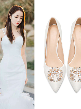 2024年新款伴娘新娘结婚鞋女尖头水钻细跟白色婚纱高跟鞋平时可穿