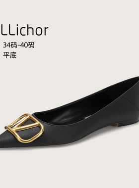 2025年秋季新款V扣黑色尖头平底鞋浅口单鞋法式复古通勤工作鞋女