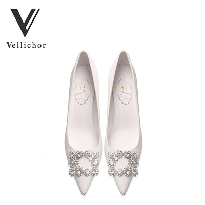rv扣尖头细跟白色气质婚纱伴娘鞋