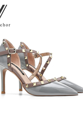 2024新款包头细跟铆钉时装凉鞋性感仙女风尖头女鞋一字带高跟鞋潮