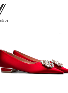 婚鞋女2024年新款伴娘结婚新娘鞋尖头低跟水钻秀禾单鞋红色平底鞋