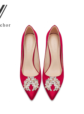 2024年新款迪丽热巴秀禾伴娘新娘结婚鞋女尖头细跟单鞋红色高跟鞋