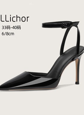 2025年新款黑色漆皮高跟鞋女细跟尖头性感中空一字带扣气质单鞋女