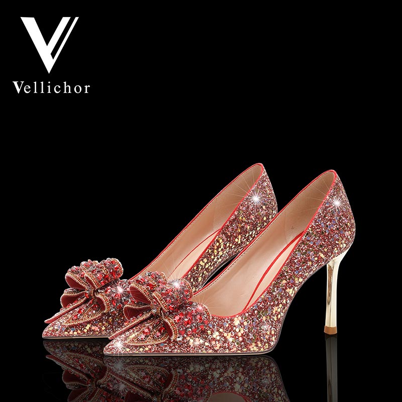 婚鞋冬季不累脚新娘鞋尖头细跟亮片水晶鞋蝴蝶结秀禾鞋红色高跟鞋