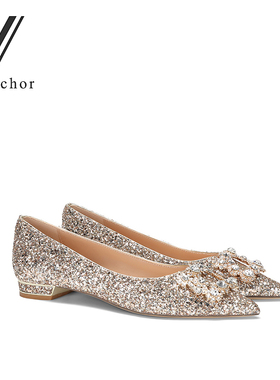 婚鞋平底2024年新款香槟色尖头平跟伴娘新娘结婚鞋秀禾婚纱两穿女