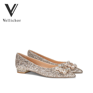 婚鞋平底2024年新款香槟色尖头平跟伴娘新娘结婚鞋秀禾婚纱两穿女