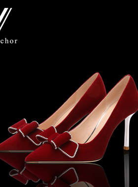 水钻蝴蝶结高跟婚鞋性感秀禾婚纱两穿不累脚细跟红色新娘伴娘婚鞋