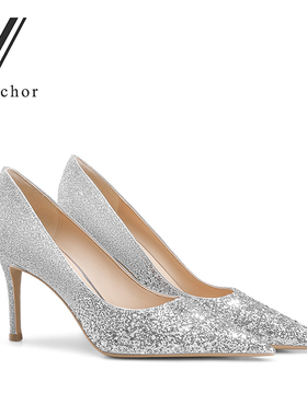 婚鞋2024年新款伴娘新娘两穿银色高跟尖头单鞋亮片细跟婚纱婚礼鞋