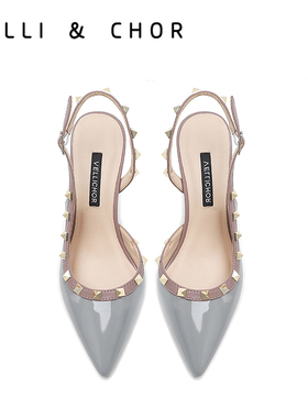 凉鞋女2024新款漆皮包头铆钉外穿后带尖头细跟裸色高跟鞋性感时装