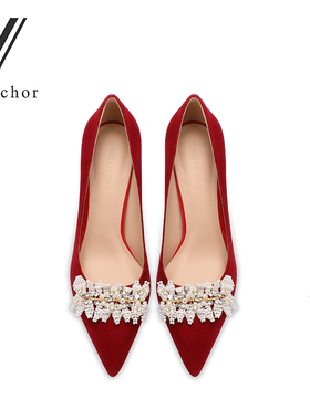 婚鞋2024年新款女珍珠秀禾伴娘新娘法式礼服婚纱酒红色高跟鞋两穿