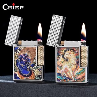 CHIEF/首领煤油打火机创意鎏金珐琅彩绘浮雕抬臂侧滑点火送礼品潮