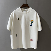 2025夏新款 创意刺绣花男款 白色t恤圆领短袖 简约百搭高端宽松上衣