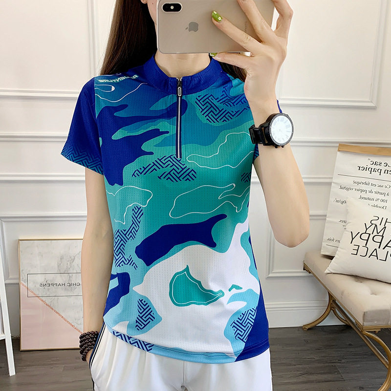 户外运动短袖t恤女夏季跑步体恤花色上衣立领速干衣健身瑜伽服薄T