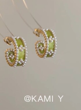 KAMI Y法式复古绿色滴釉珍珠耳钉女小众设计时尚多巴胺耳环耳饰品