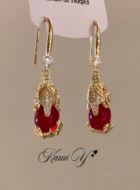 新中式红色水晶貔貅水滴流苏耳环2026本命年时尚气质新年跨年耳饰