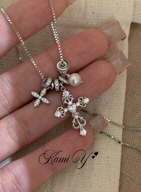 中古Vintage闪钻蕾丝十字架项链