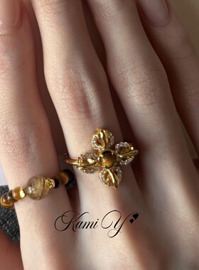 复古美拉德虎眼石闪钻戒指百搭女