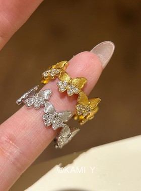 中古vintage拉丝闪钻蝴蝶戒指