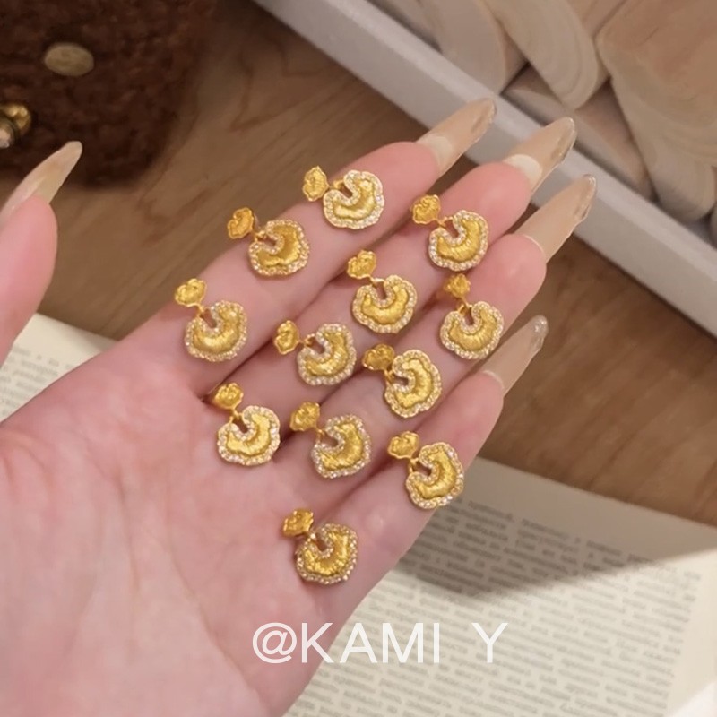 新中式古法金祥云如意锁耳环女