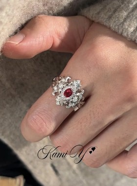 高级感红色锆石鸢尾花戒指女轻奢