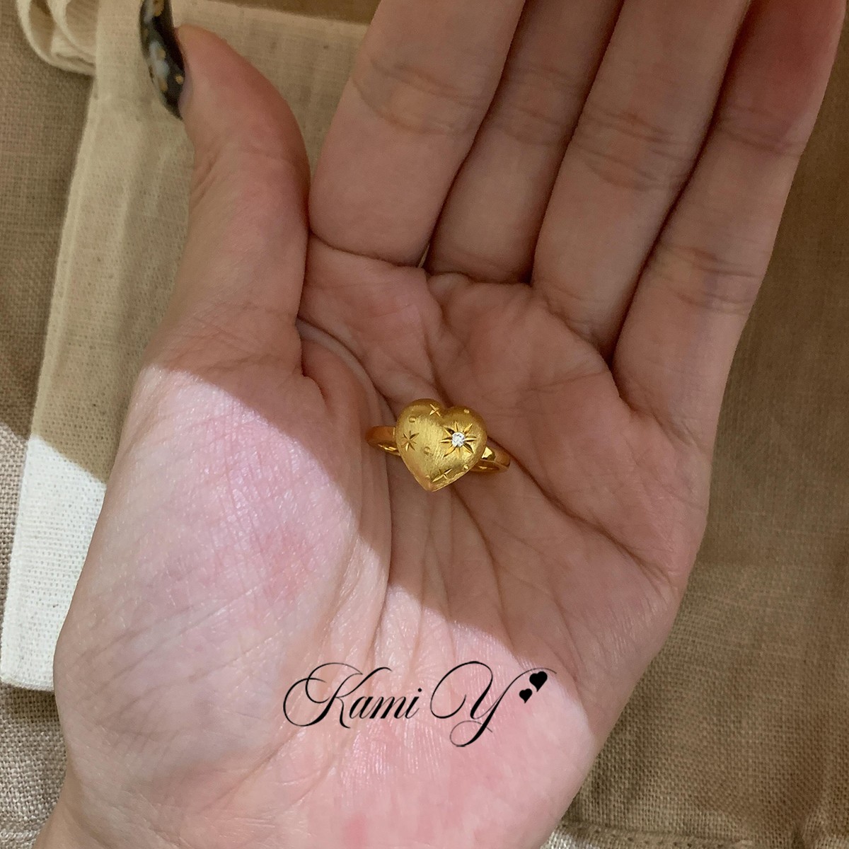 中古vintage金色拉丝爱心戒指