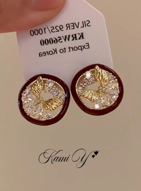 新年红色镂空窗花锆石蝴蝶耳钉女轻奢小众设计感个性气质耳环耳饰