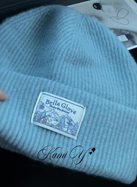 盐系奶蓝色复古贴布毛线针织帽子女2025秋冬保暖护耳防寒套头冷帽