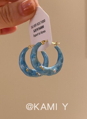 复古法式优雅蓝色滴油镶钻不规则圆形耳扣时尚甜美轻奢高级感耳饰