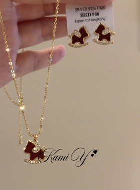 套装~复古滴油红色小马耳钉女本命年生肖马年显气质项链毛衣链