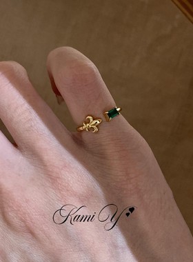 中古拉丝鸢尾花绿方糖开口戒指女