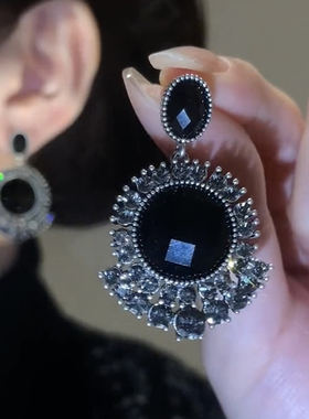 复古港风高级感时尚气质黑色水晶圆形吊坠耳环女小众设计个性耳饰