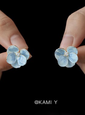 显白蓝色滴釉鸢尾蓝花朵耳钉轻奢高级感轻奢复古耳饰女小众设计感