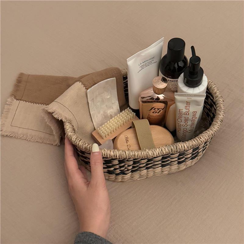 藤编收纳筐桌面化妆品收纳盒洗漱洗手台储物筐编织玄关杂物收纳篮
